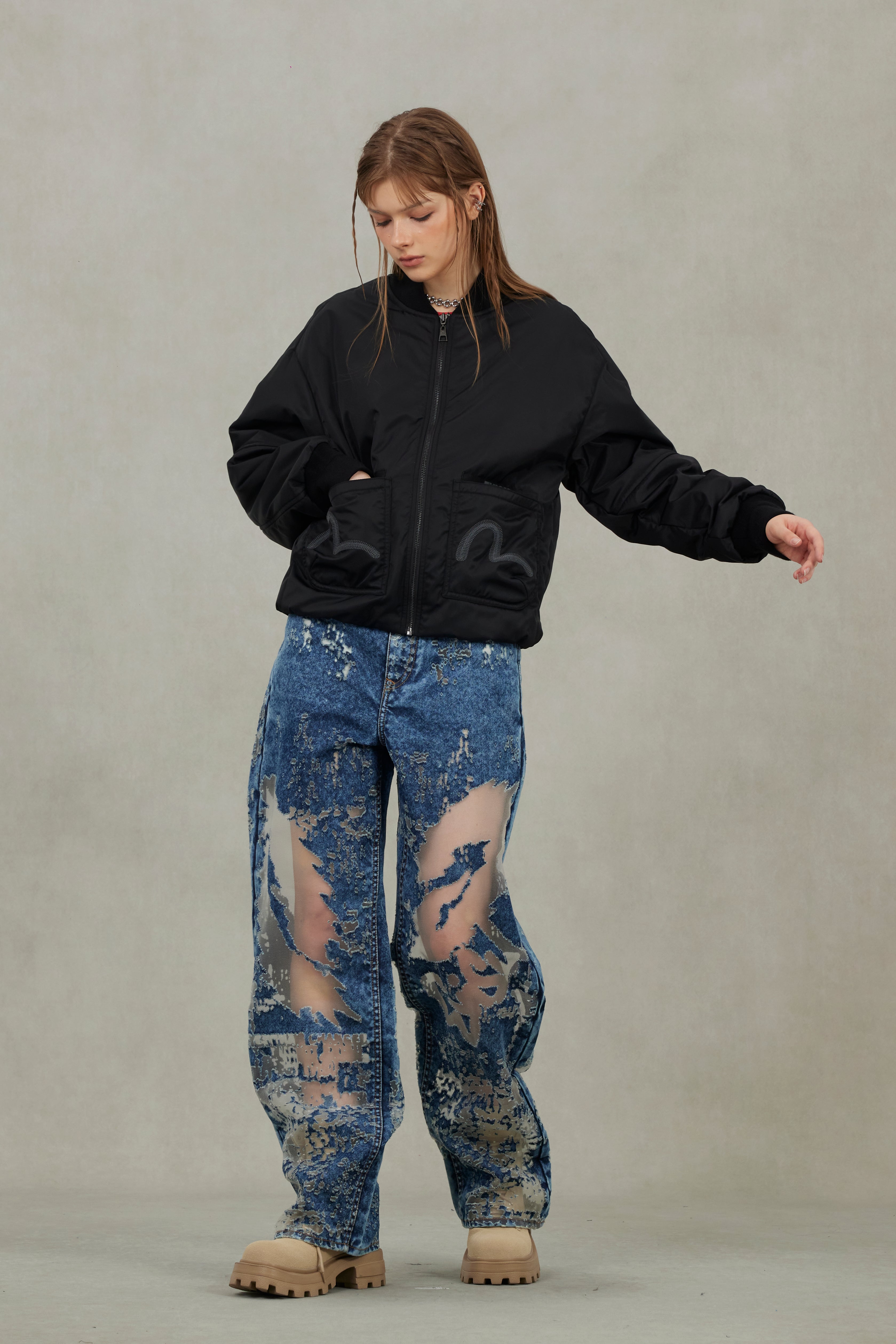 Fuzzy Cat Appliqué and Logo Embroidery Drop-Shoulder Bomber Jacket