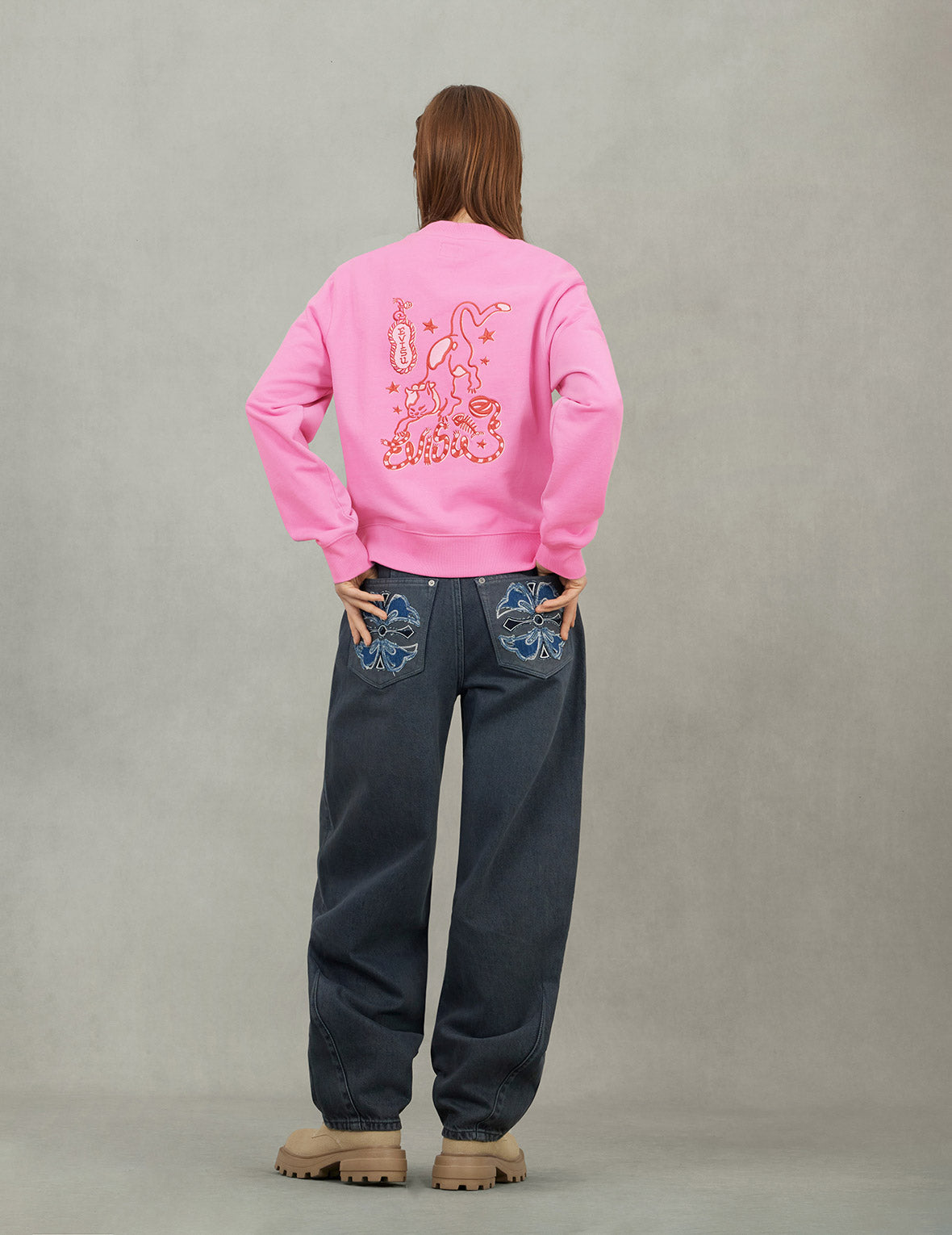 Cat and Logo Embroidery Regular Fit Sweatshirt