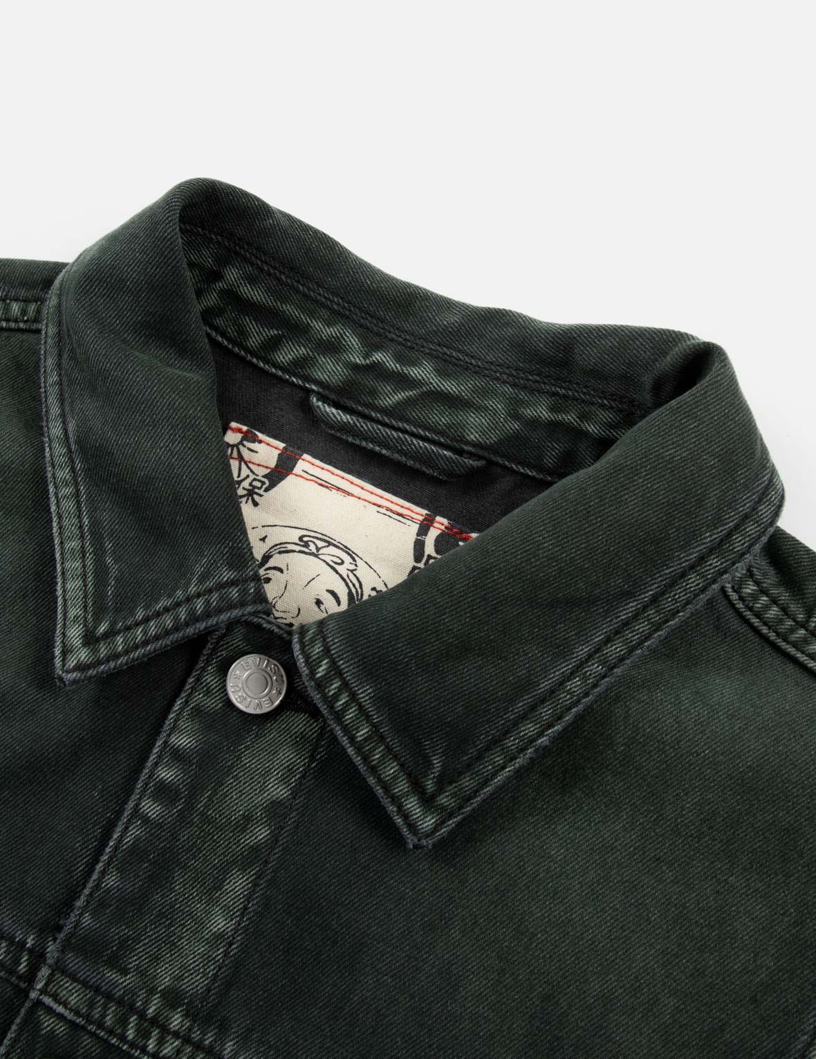 Green Tone Washed Effect with Logo Embroidery Loose Fit Denim Jacket