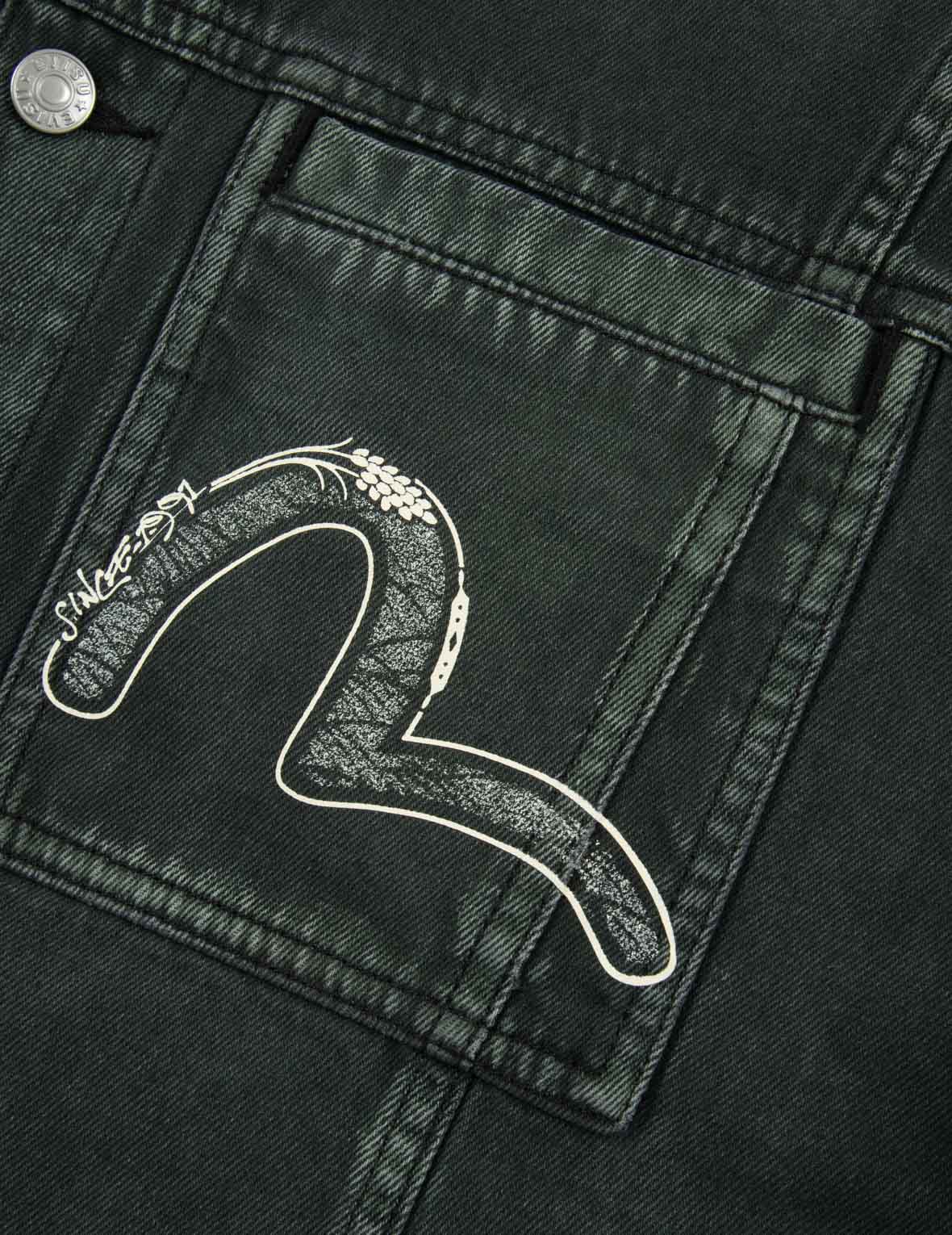 Green Tone Washed Effect with Logo Embroidery Loose Fit Denim Jacket