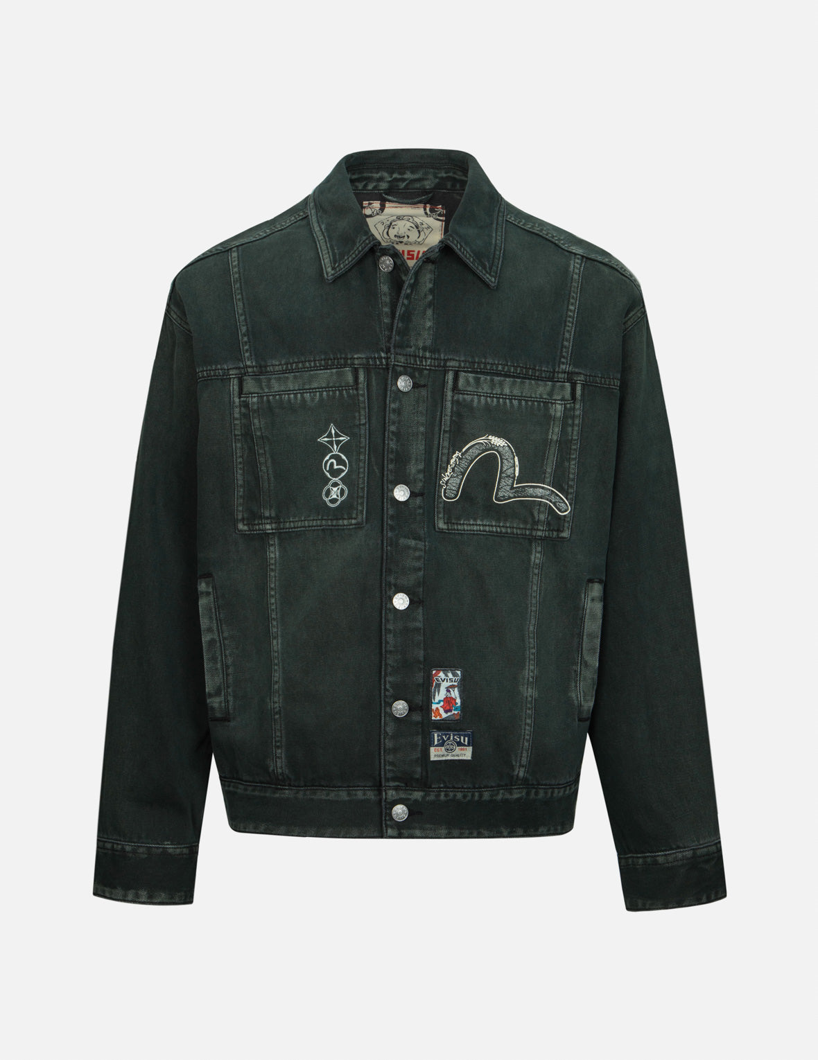 Green Tone Washed Effect with Logo Embroidery Loose Fit Denim Jacket