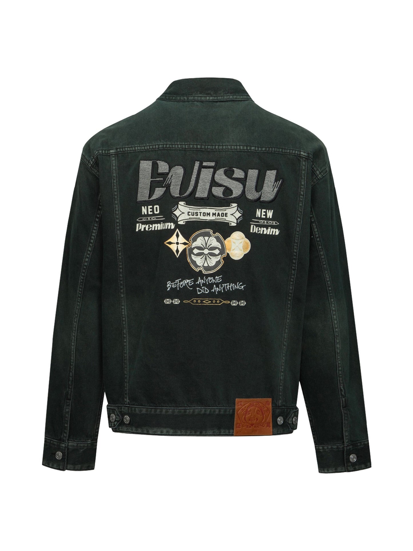 Green Tone Washed Effect with Logo Embroidery Loose Fit Denim Jacket