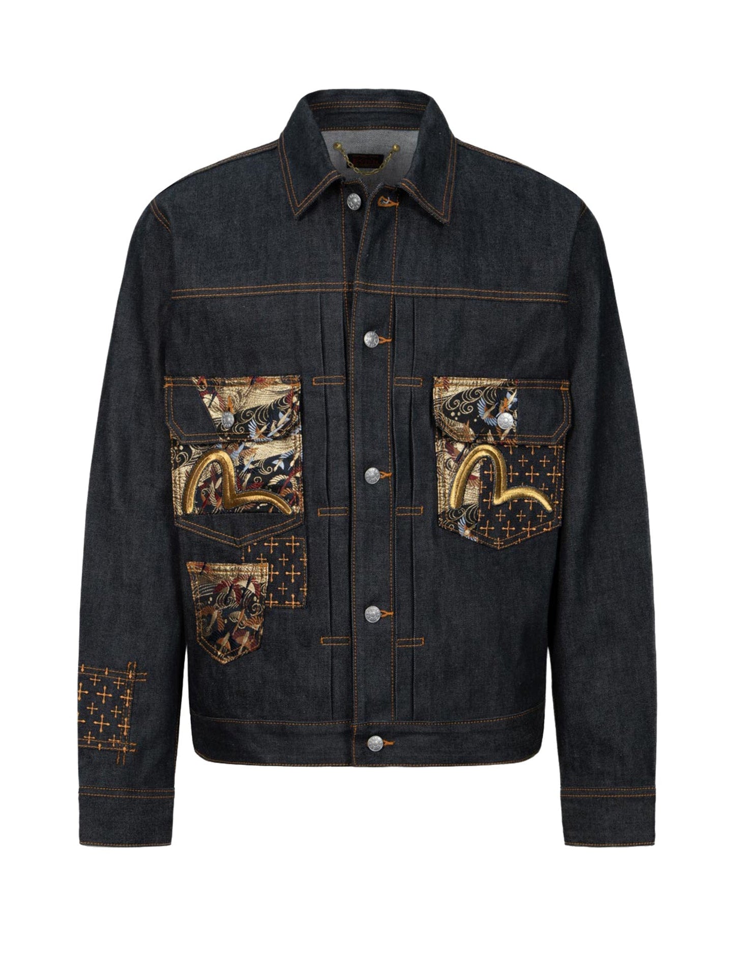 Seagull Embroidery and Brocade Pocket Relax Fit Denim Jacket