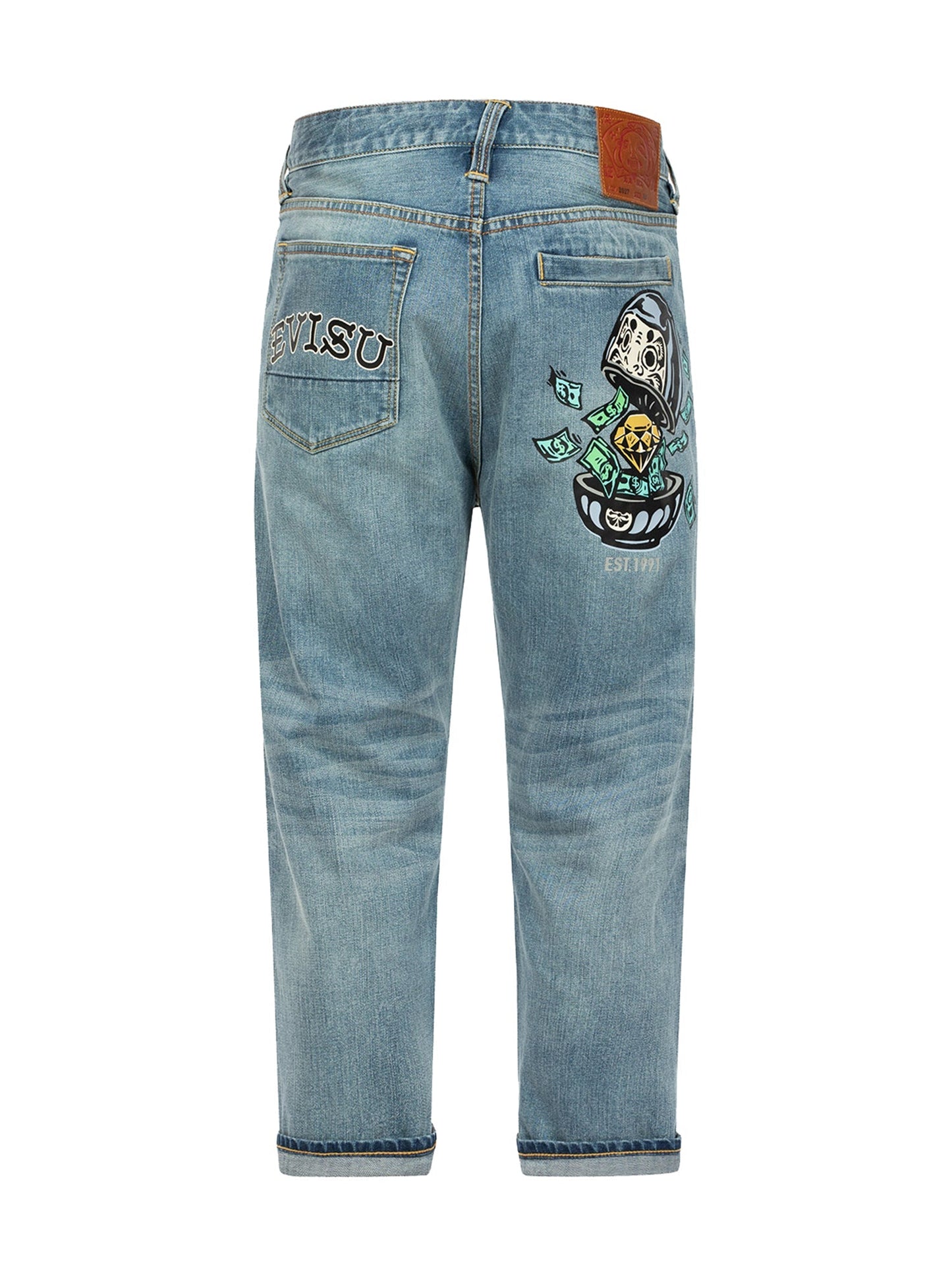 Diamond Daruma Printed Pocket Cropped-Fit Jeans #2027