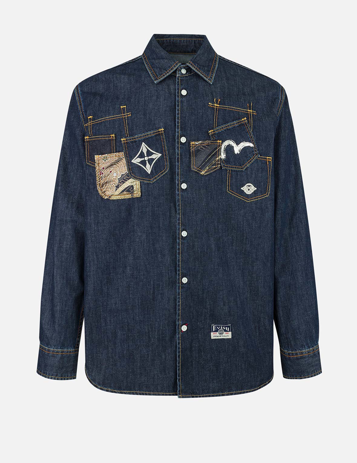 Multi-Pocket with Brocade Patch Relax Fit Denim Shirt – EVISU