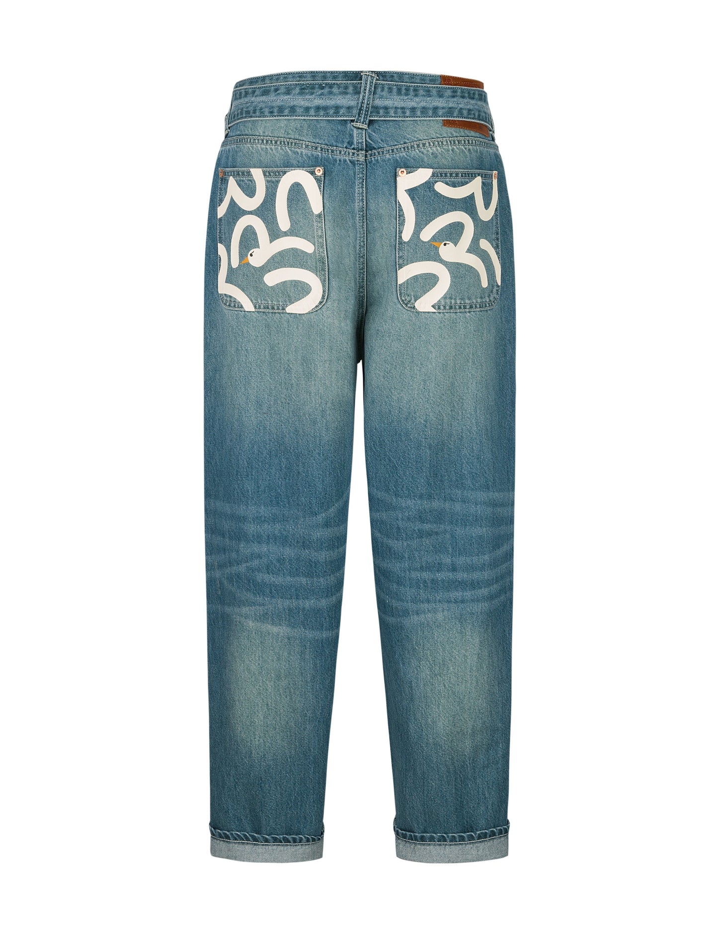 趣味海鸥印花口袋宽松版型牛仔裤 #2038