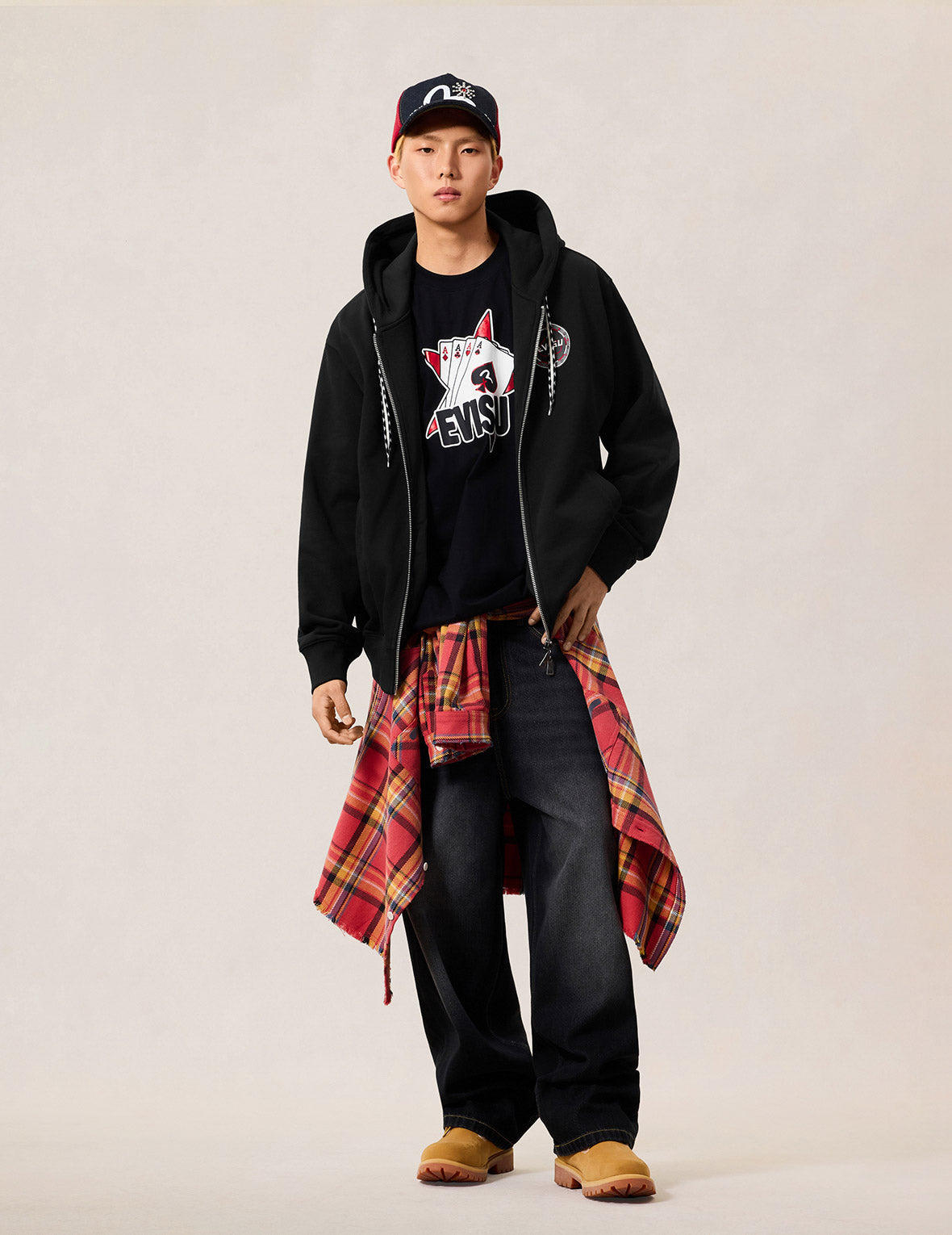 Poker Spade Embroidery Zip-up Hoodie - Black