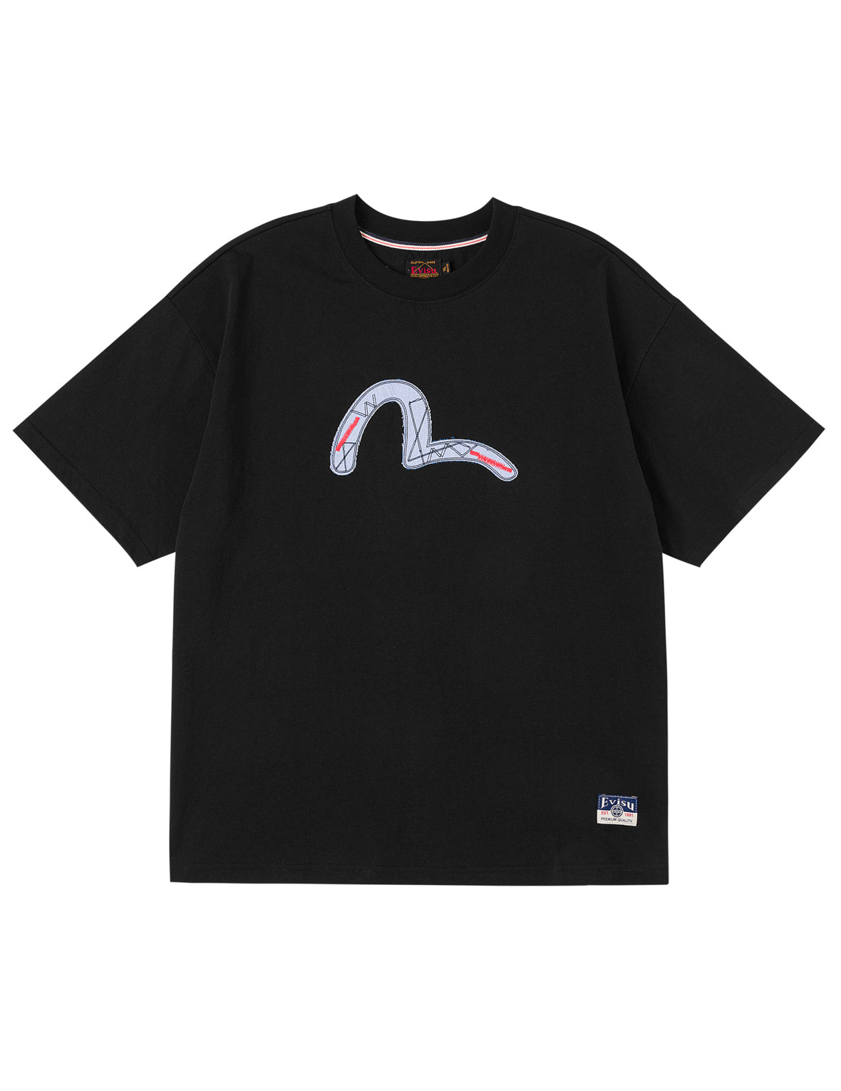 Fabric-mix Patchwork Seagull and Logo Applique T-shirt