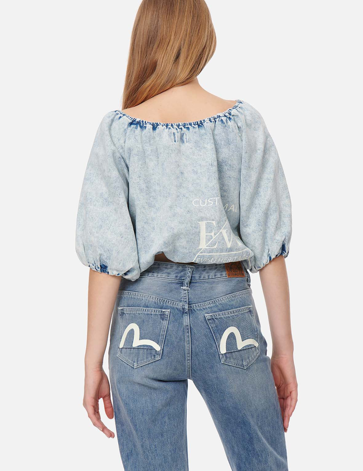 Puff-sleeves Cropped Denim Blouse