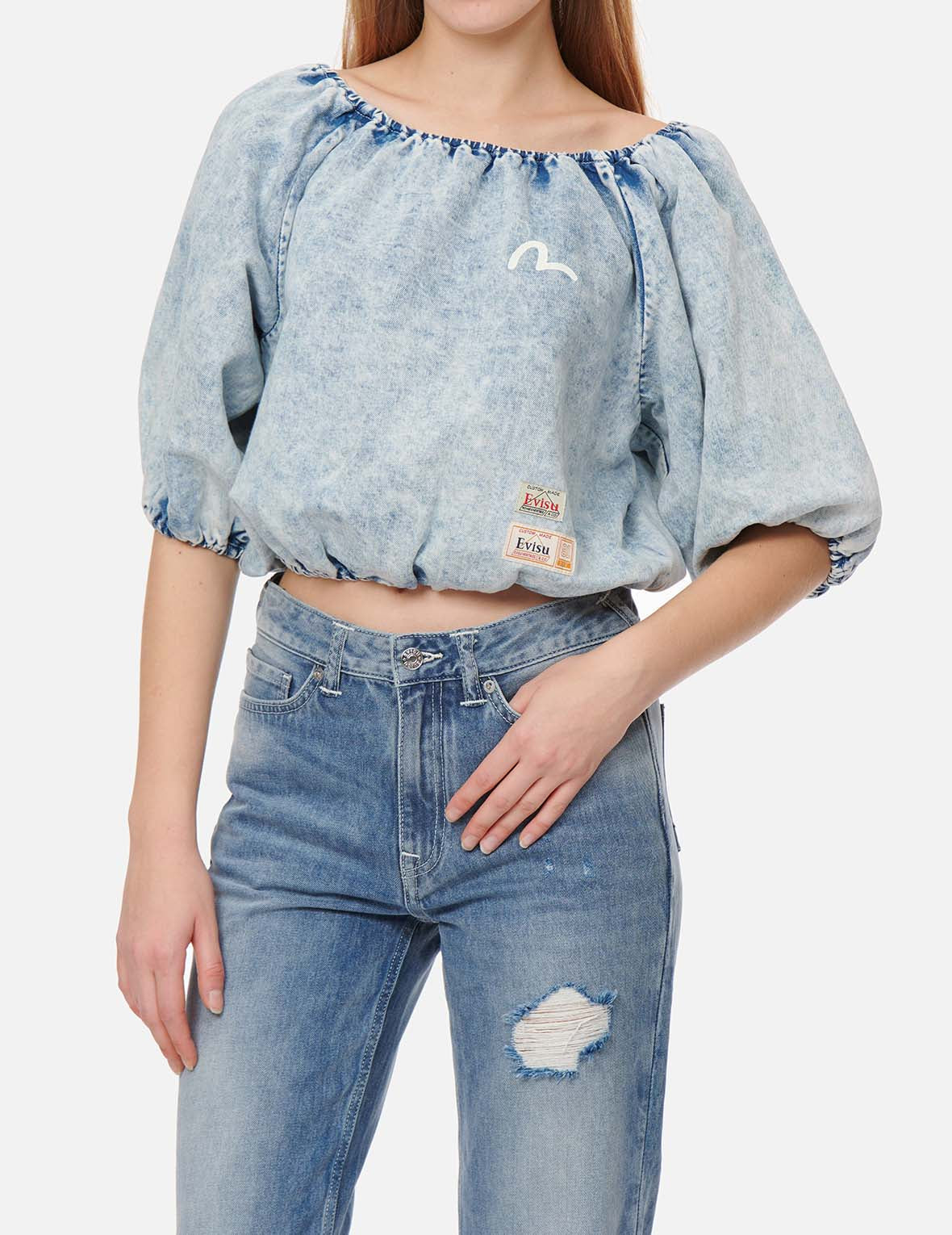 Puff-sleeves Cropped Denim Blouse
