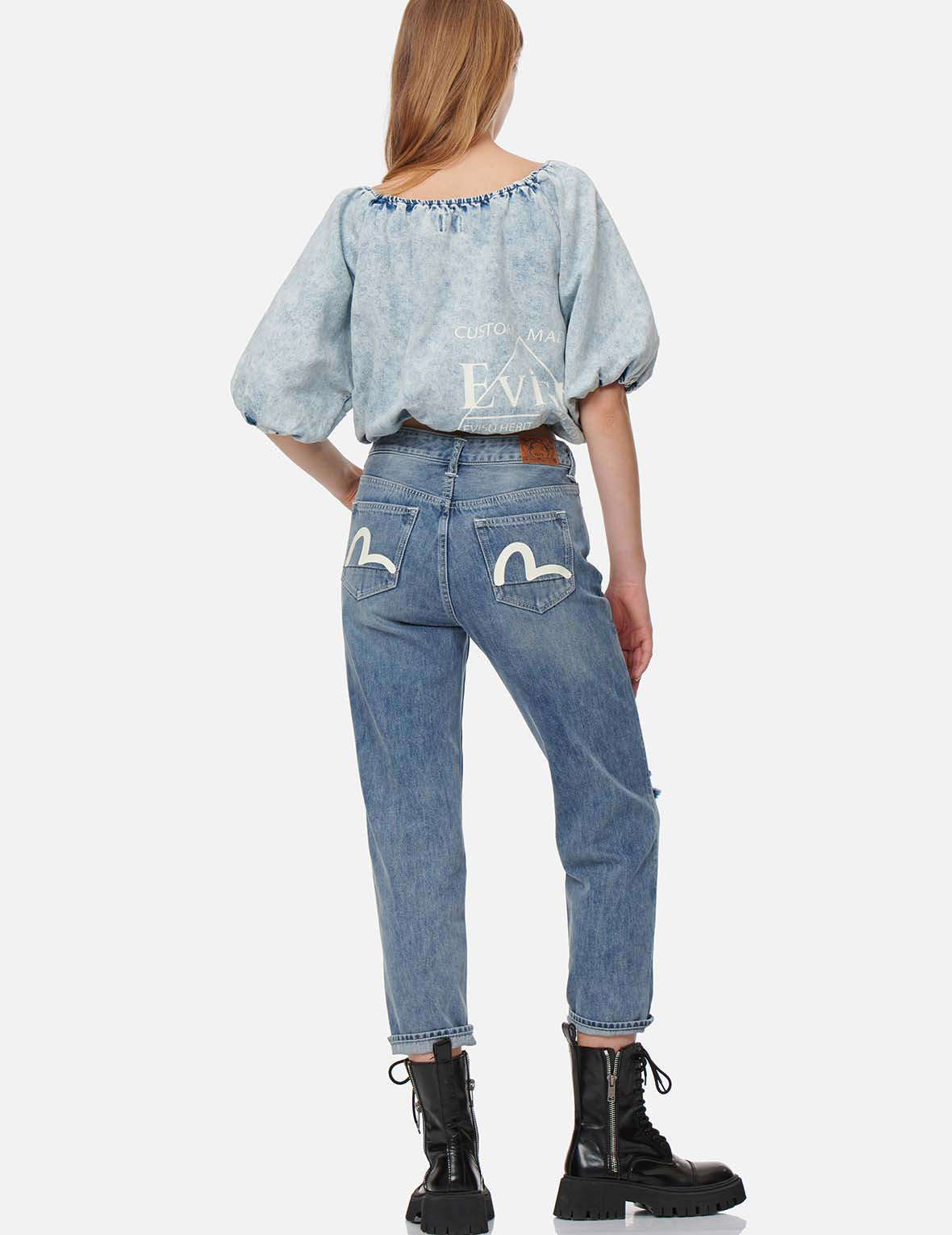 Puff-sleeves Cropped Denim Blouse