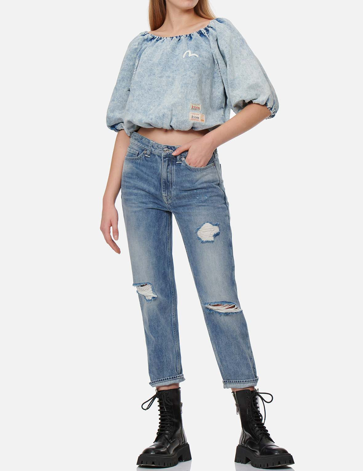 Puff-sleeves Cropped Denim Blouse