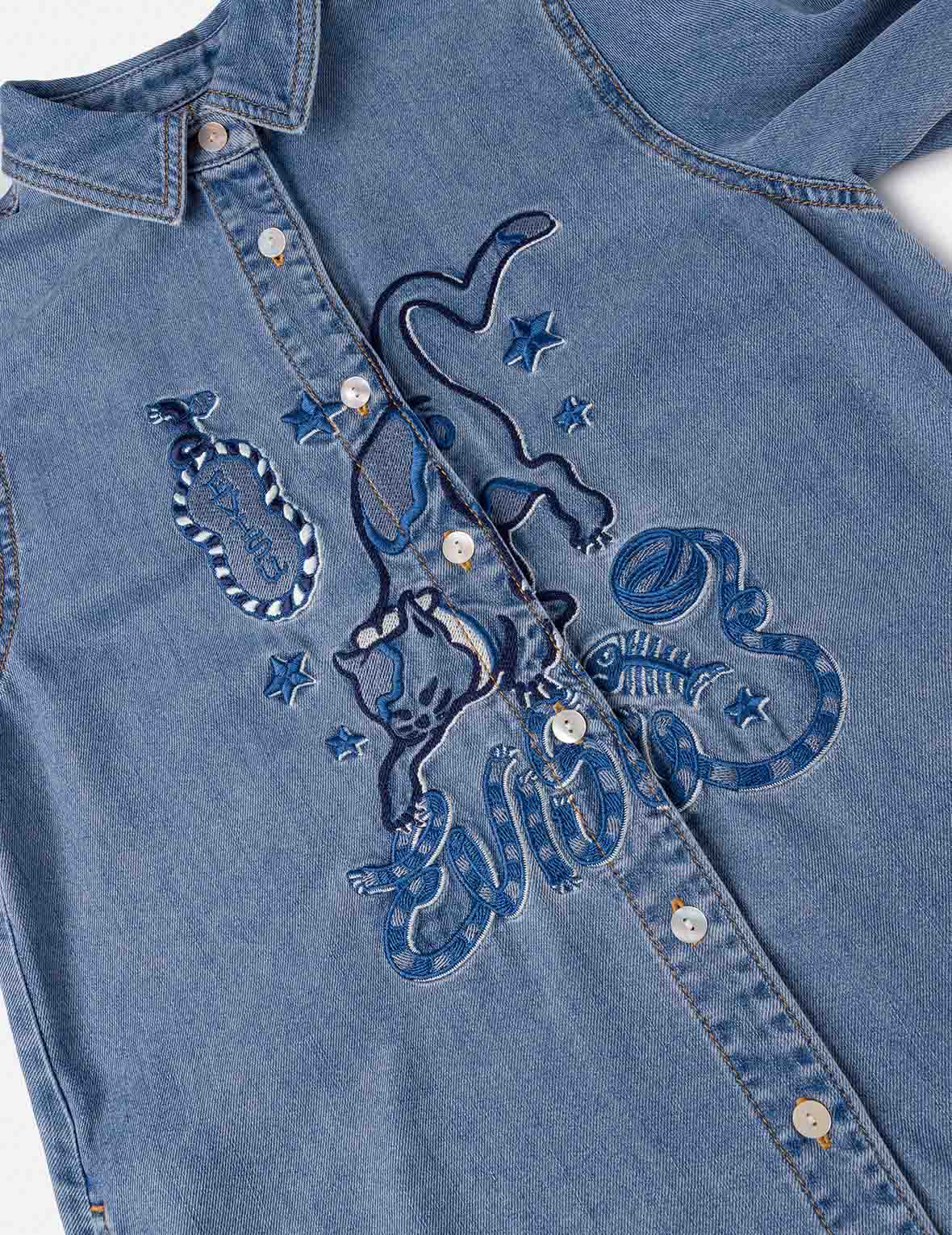 Cat Embroidery Denim Dress