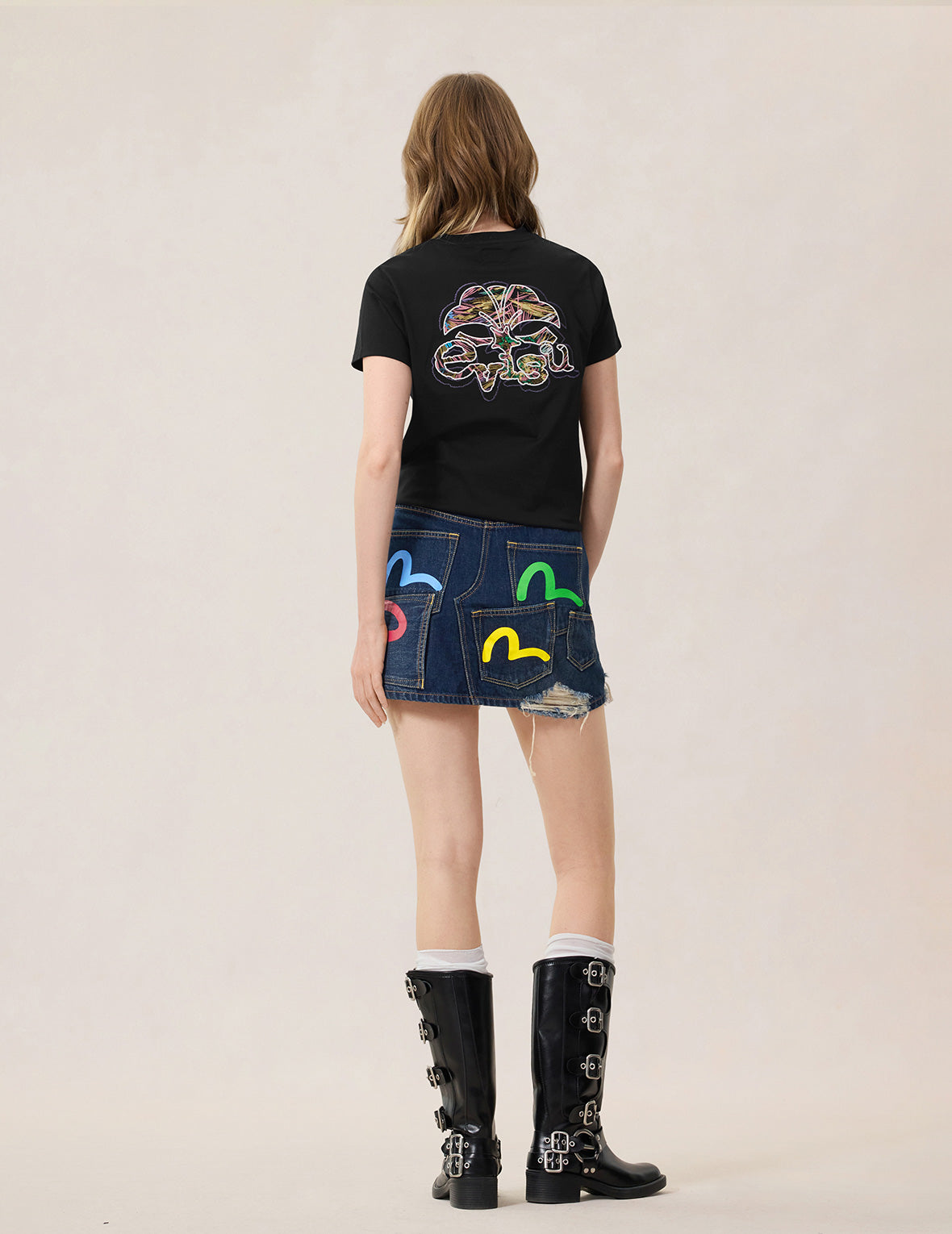 海鸥印花多口袋牛仔短裙