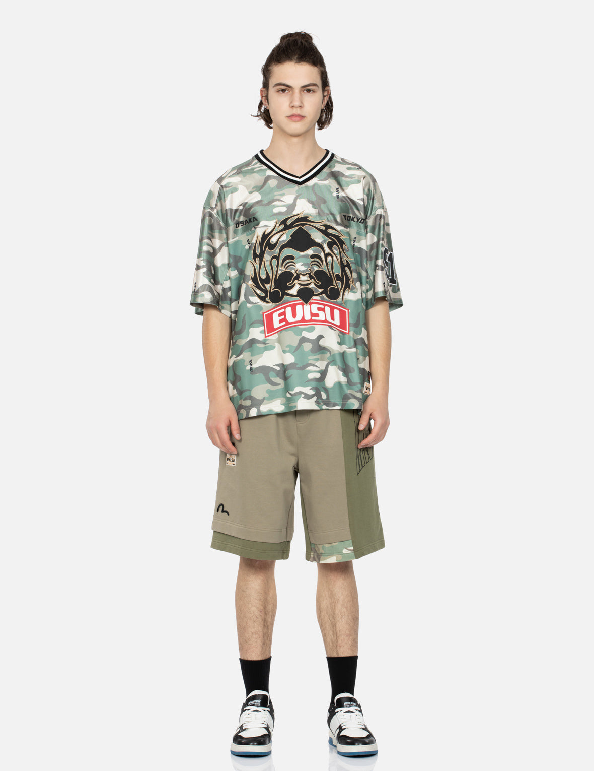 Logo Print and Seagull Embroidery Patchwork Sweat Shorts